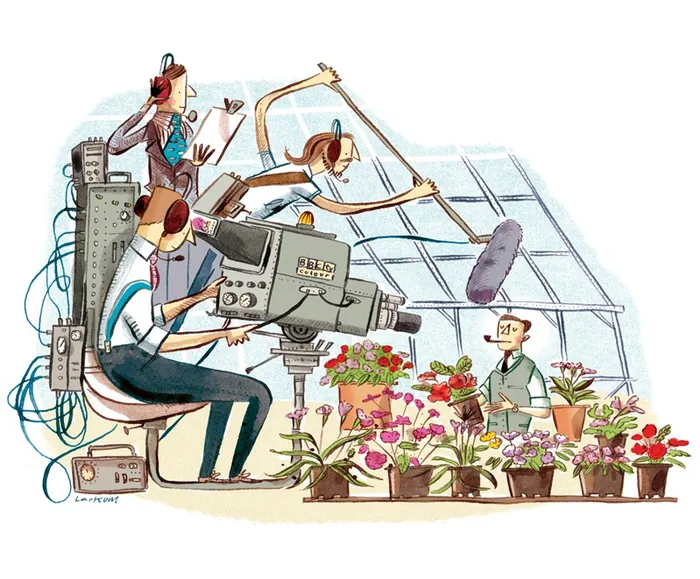 Film crew with camera and boom mic recording botanist among potted plants by Adam Larkum