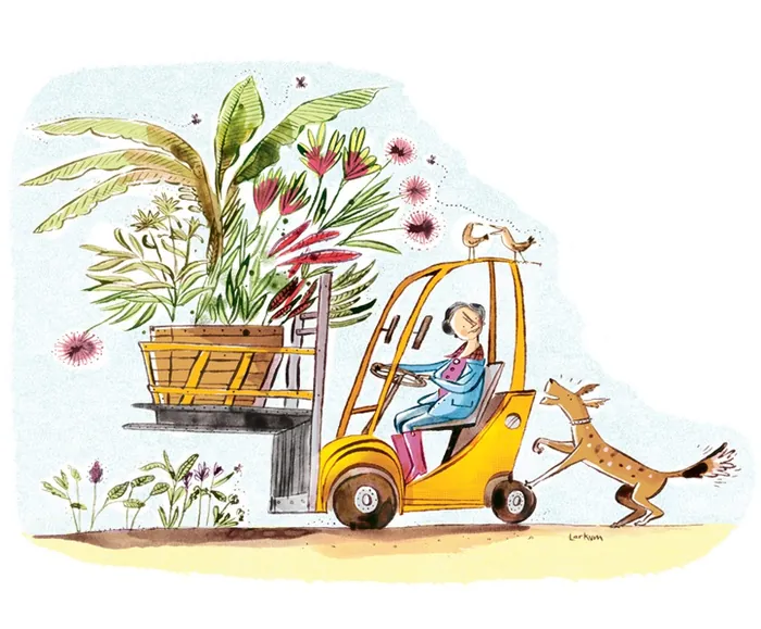 Illustration of woman driving forklift carrying plants with a deer nearby by Adam Larkum