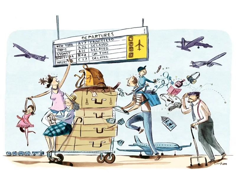 Cartoon of stressed travelers rushing with luggage at airport departure gate by Adam Larkum