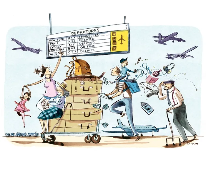 Cartoon of stressed travelers rushing with luggage at airport departure gate by Adam Larkum