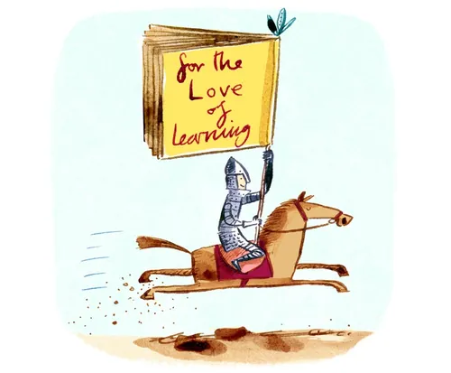Knight on horse holding a sign saying for the love of learning by Adam Larkum