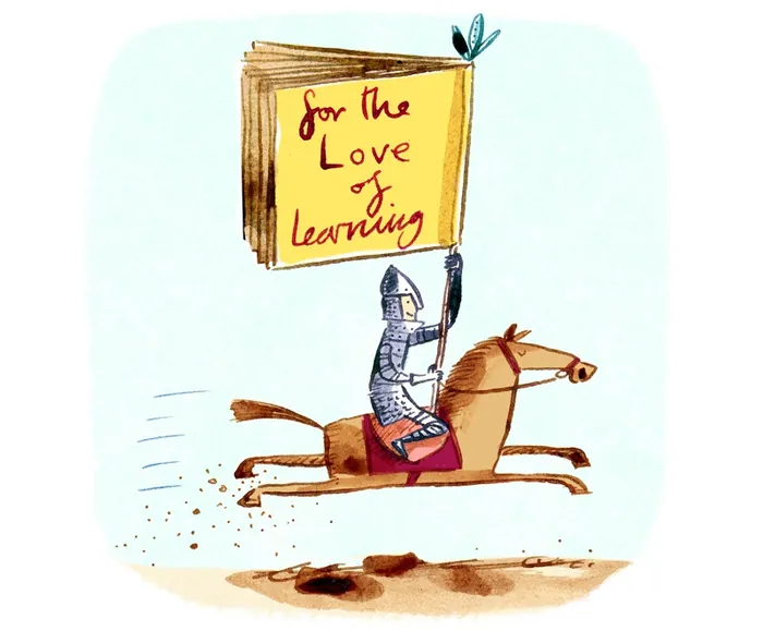 Knight on horse holding a sign saying for the love of learning by Adam Larkum