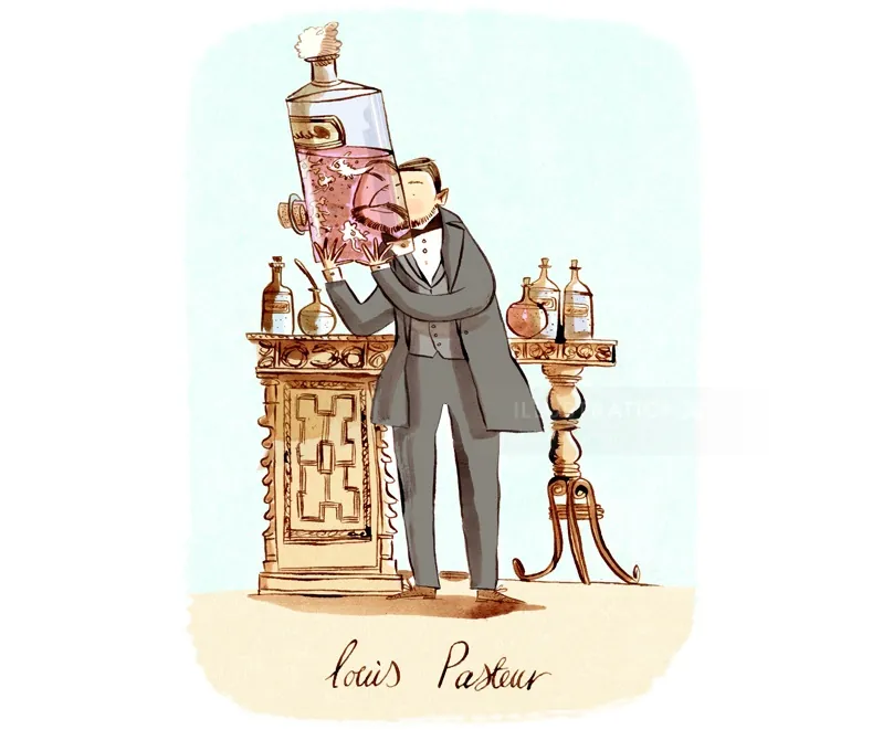 Louis Pasteur holding a large scientific container in laboratory, illustration by Adam Larkum