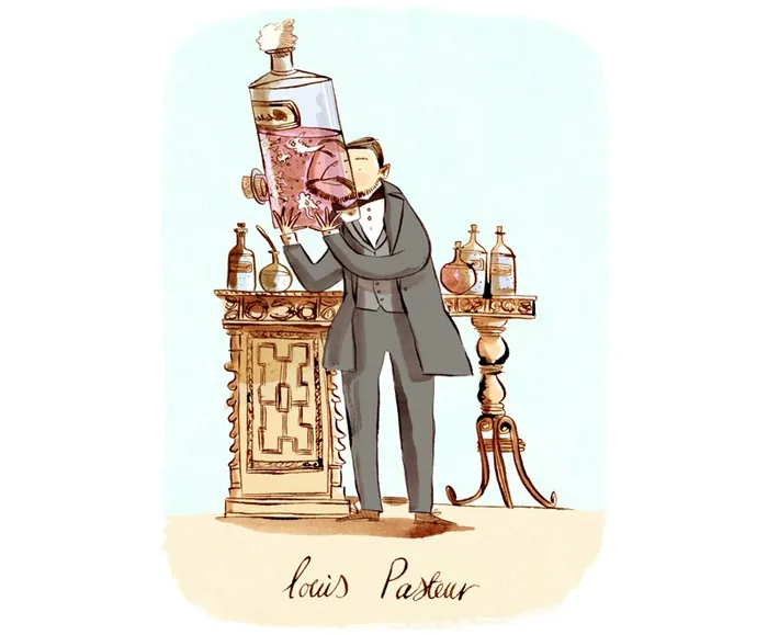 Louis Pasteur holding a large scientific container in laboratory, illustration by Adam Larkum