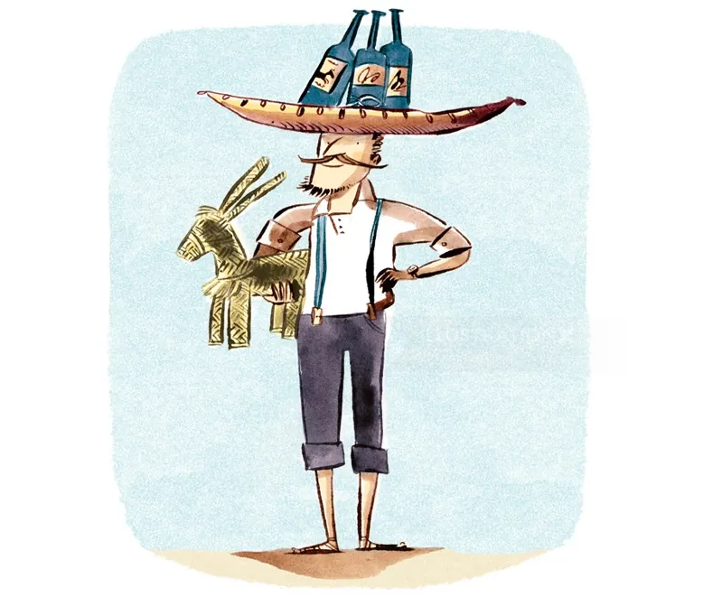 Illustration of man balancing bottles and donkey object on his head by Adam Larkum