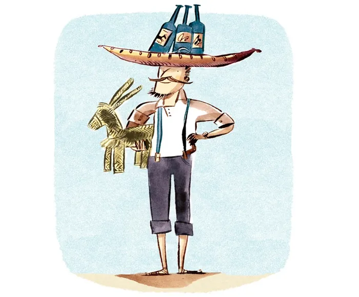 Illustration of man balancing bottles and donkey object on his head by Adam Larkum