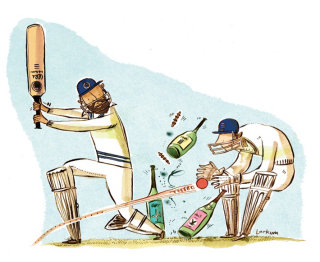 Peinture à l&#39;aquarelle représentant un joueur de cricket avec des bouteilles de vin 