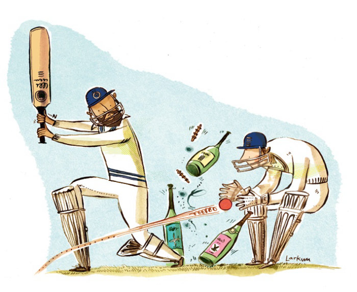Peinture aquarelle de jouer au cricket avec des bouteilles de vin