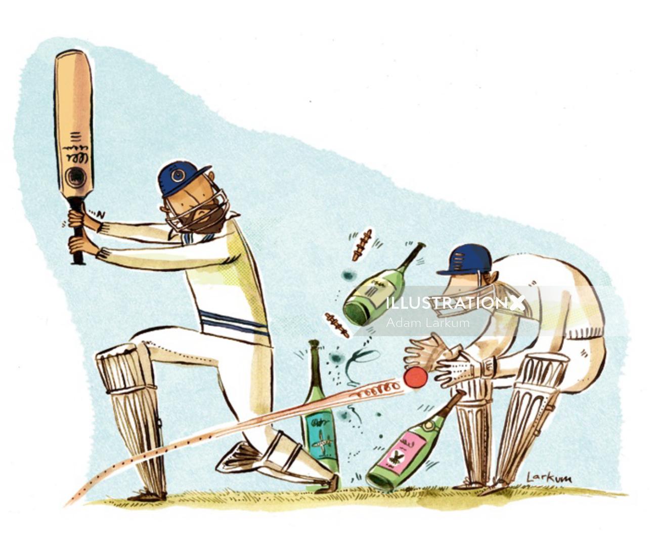 Watercolor painting of playing cricket with wine bottles 