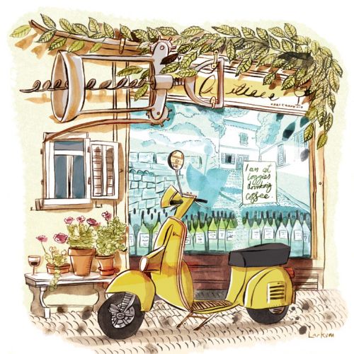 Yellow scooter outside coffee shop with plants and bottles by Adam Larkum
