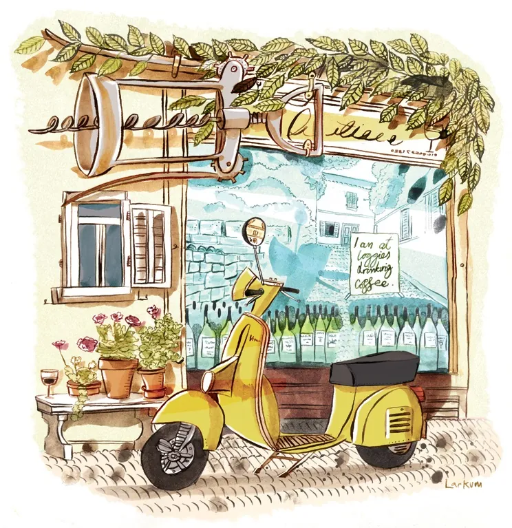 Yellow scooter outside coffee shop with plants and bottles by Adam Larkum