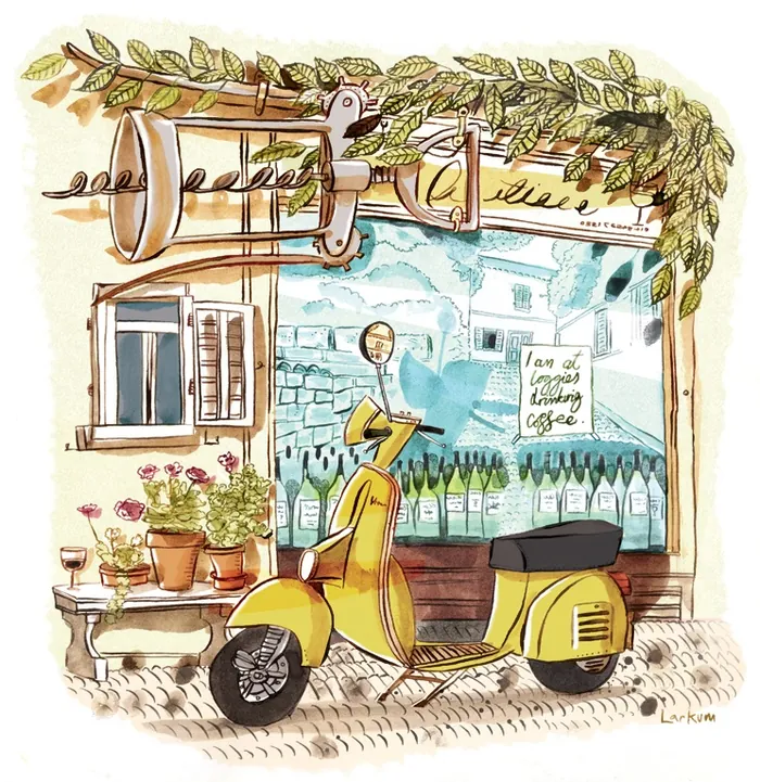 Yellow scooter outside coffee shop with plants and bottles by Adam Larkum