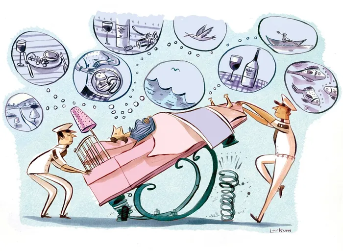 Man reclining on spring chair with attendants and leisure dream bubbles by Adam Larkum