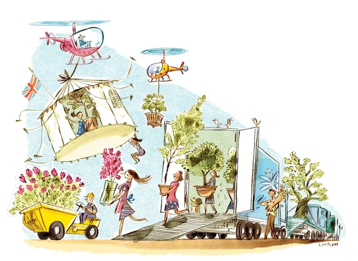 Whimsical garden delivery scene with people and helicopters, artwork by Adam Larkum