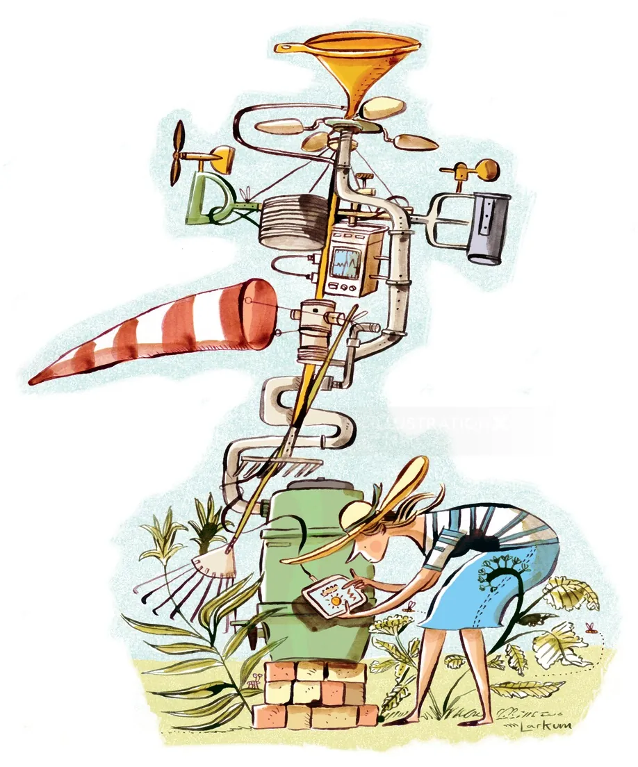 Cartoon woman examining a detailed weather station, illustration by Adam Larkum