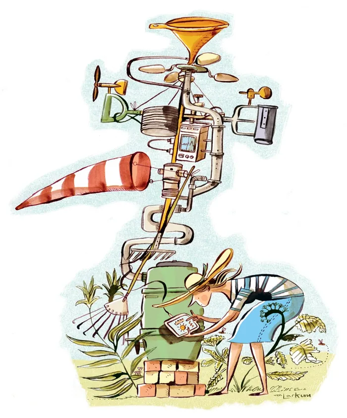 Cartoon woman examining a detailed weather station, illustration by Adam Larkum