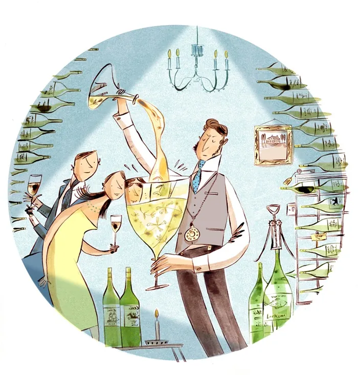 Elegant cocktail party scene with people serving drinks by Adam Larkum