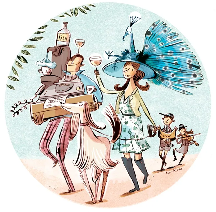 Whimsical toast scene with peacock hat, robot, musicians, and dog by Adam Larkum