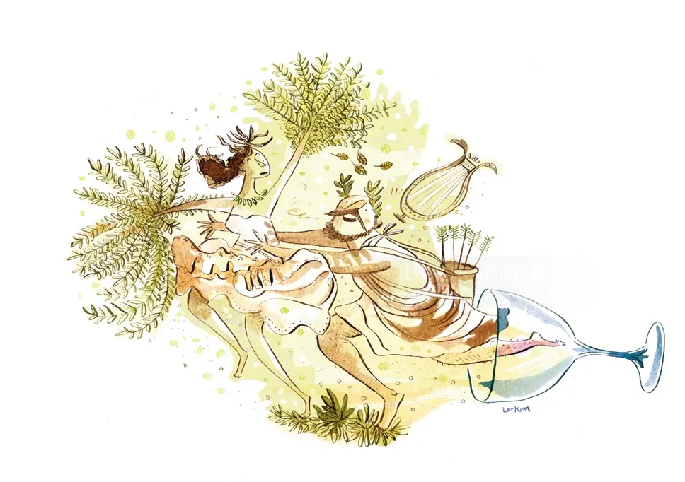 Abstract watercolor of two women, bird, and wine glass by Adam Larkum