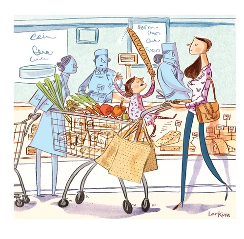 Watercolor painting of buying vegetables for Sunday Telegraph