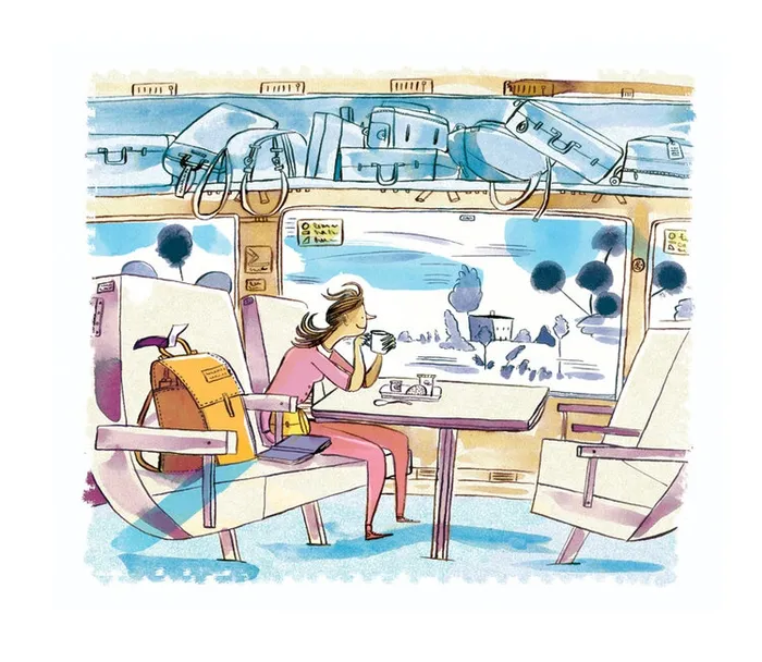 Editorial art of traveling on train for Gulfshore Life magazine