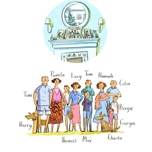 Illustrated family portrait of ten people with names, by Adam Larkum
