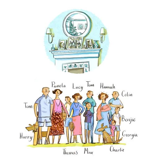 Illustrated family portrait of ten people with names, by Adam Larkum