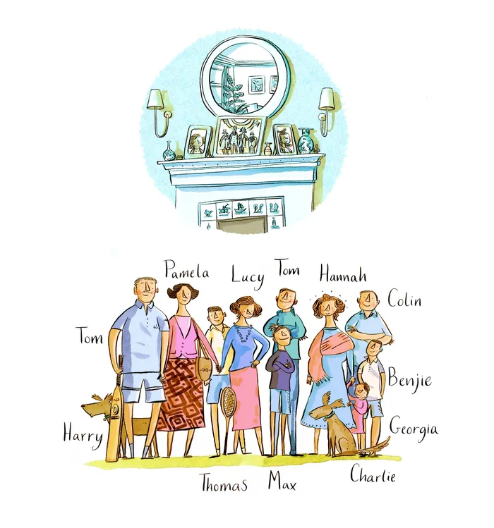Illustrated family portrait of ten people with names, by Adam Larkum