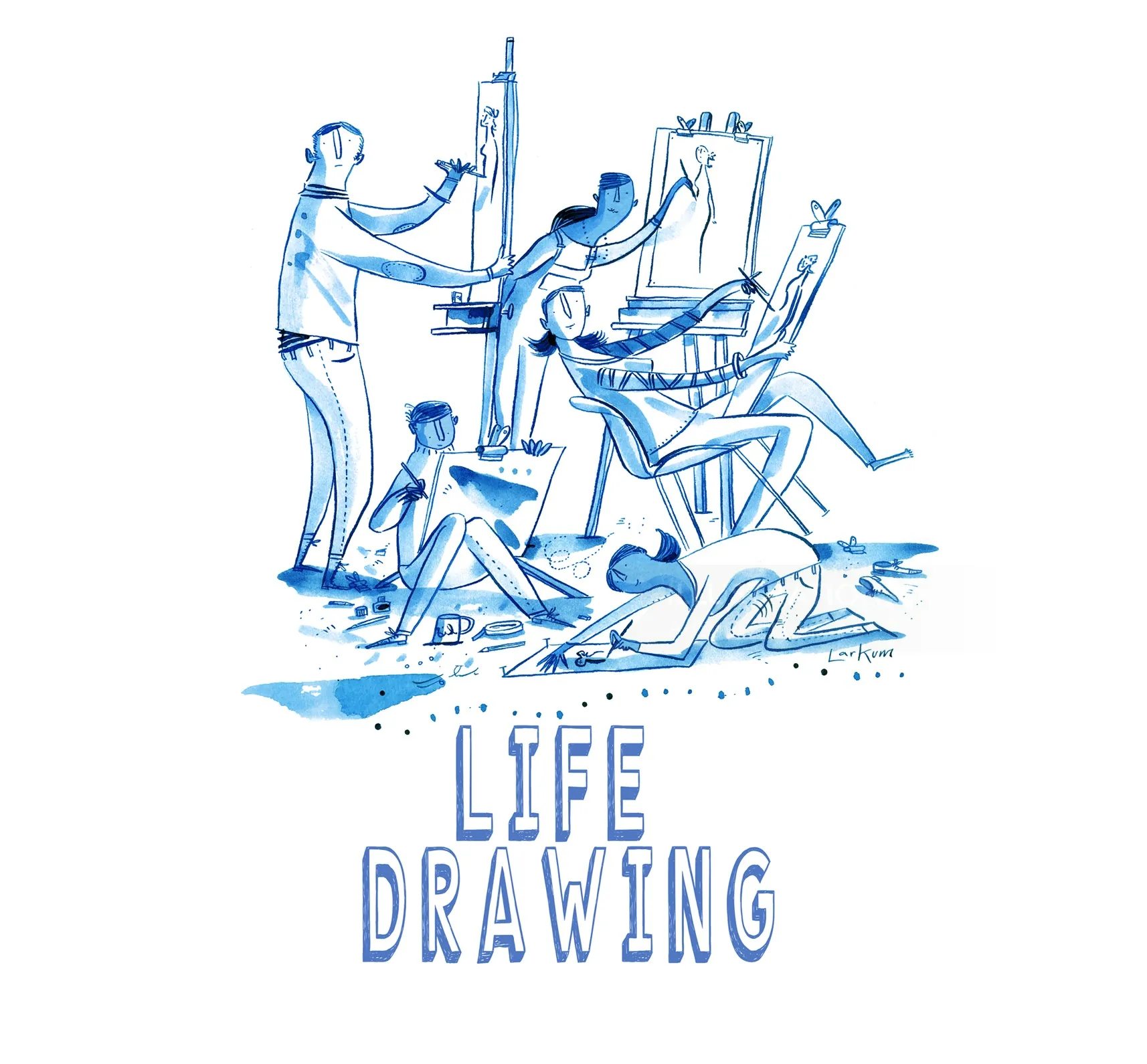 Life drawing session with artists sketching a nude model by Adam Larkum