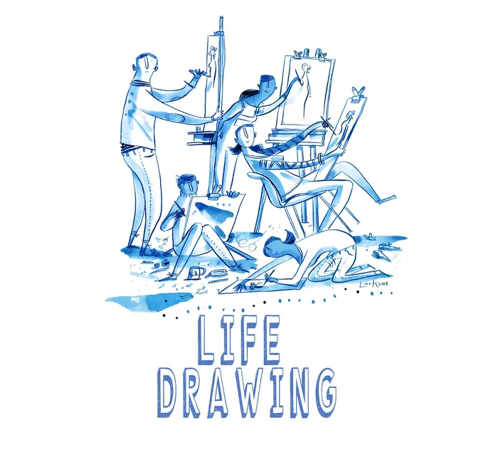 Life drawing session with artists sketching a nude model by Adam Larkum