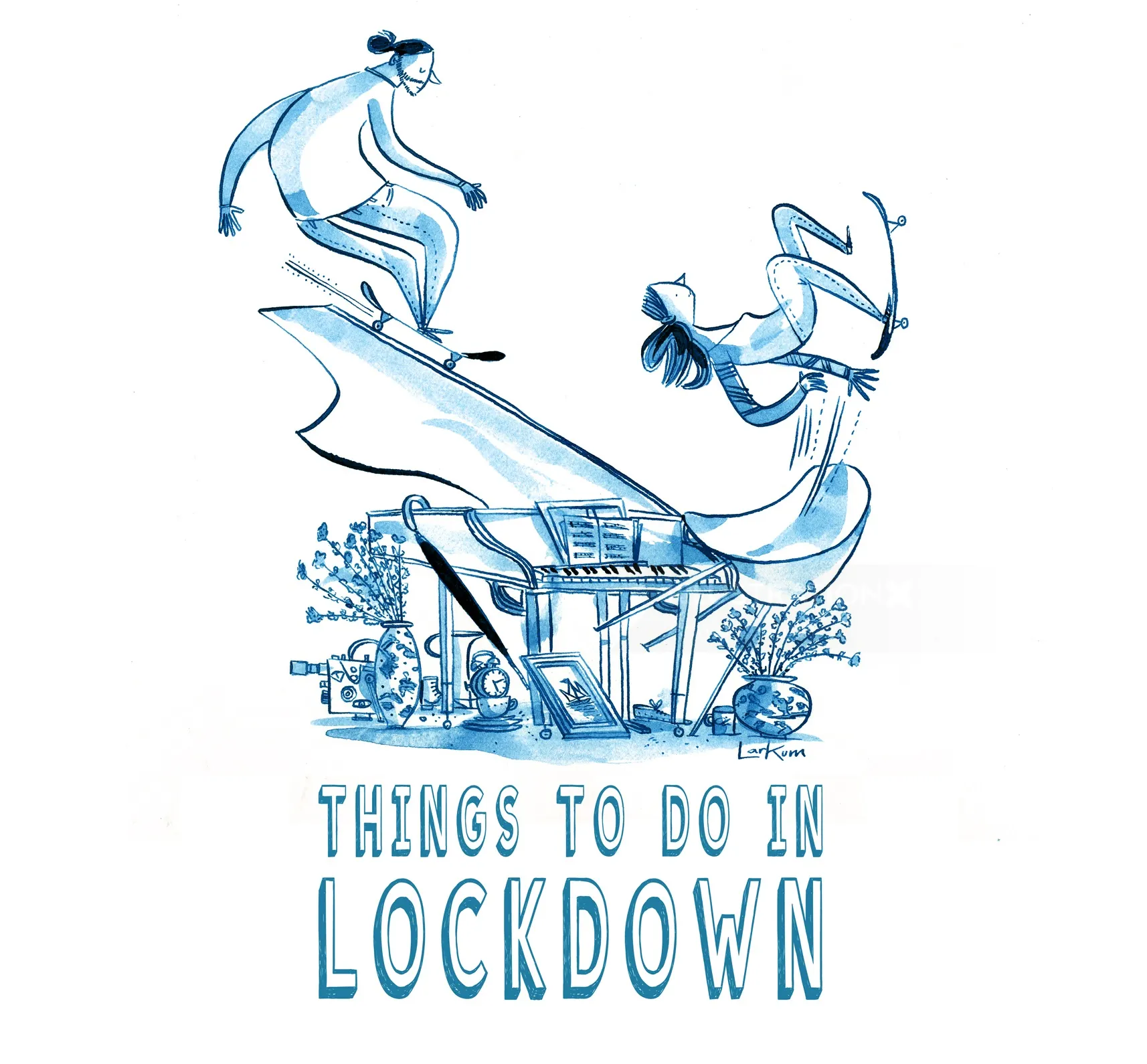 Blue illustration of people doing activities during lockdown by Adam Larkum