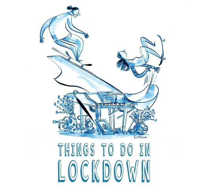 Blue illustration of people doing activities during lockdown by Adam Larkum