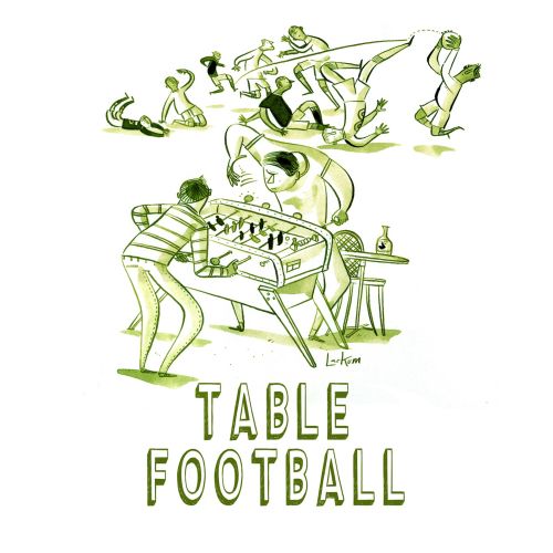 Animated scene of two players competing at a foosball table by Adam Larkum