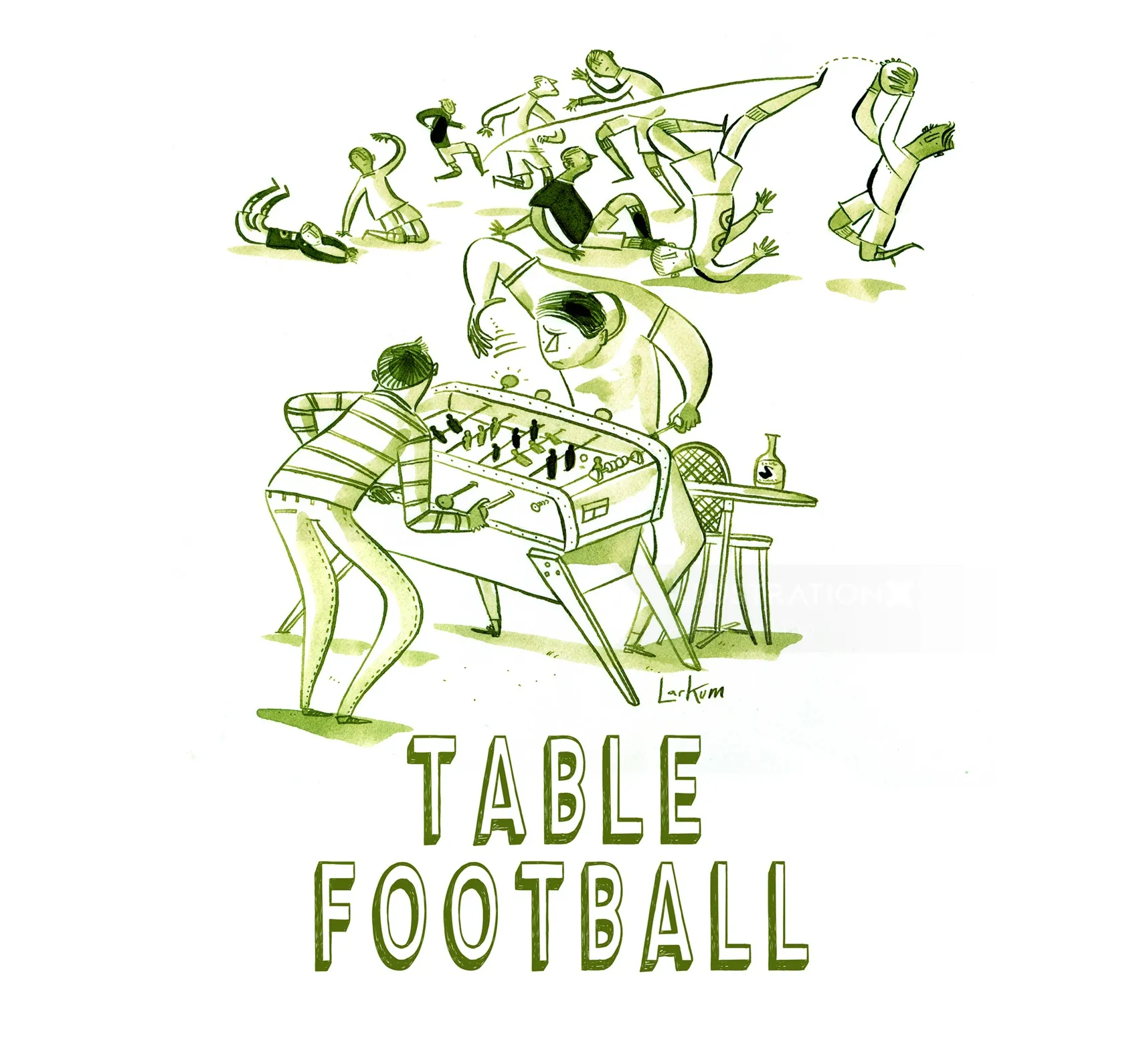 Animated scene of two players competing at a foosball table by Adam Larkum