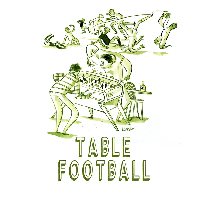 Animated scene of two players competing at a foosball table by Adam Larkum