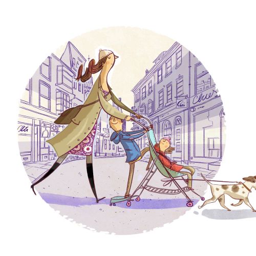 Woman pushing stroller with child and dog on leash by Adam Larkum