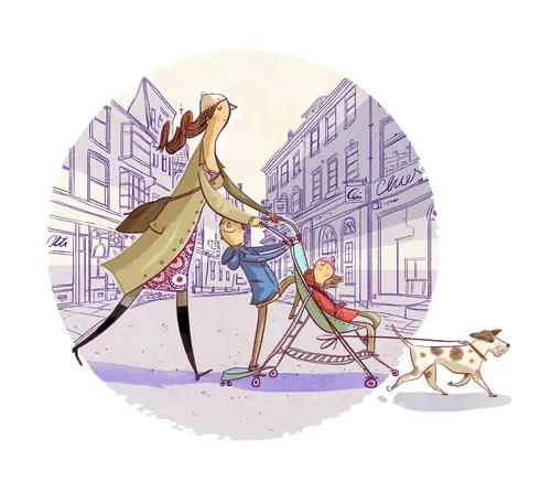 Woman pushing stroller with child and dog on leash by Adam Larkum