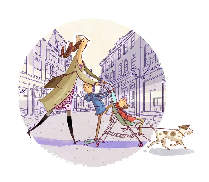 Woman pushing stroller with child and dog on leash by Adam Larkum