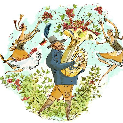 Illustration of a man playing tuba with two dancers and flowers by Adam Larkum