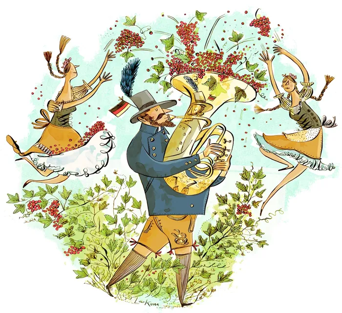 Illustration of a man playing tuba with two dancers and flowers by Adam Larkum