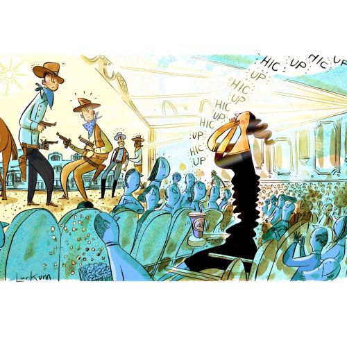 Whimsical western saloon scene with cowboys and patrons by Adam Larkum