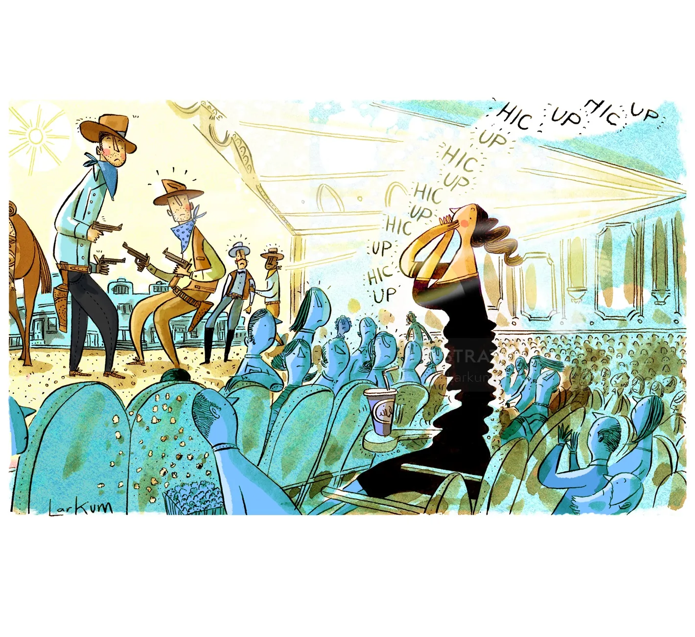 Whimsical western saloon scene with cowboys and patrons by Adam Larkum