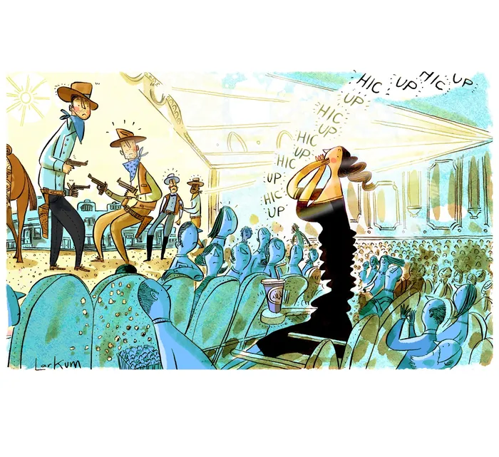 Whimsical western saloon scene with cowboys and patrons by Adam Larkum