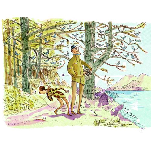 Man and child observing birds by lakeside trees, illustration by Adam Larkum