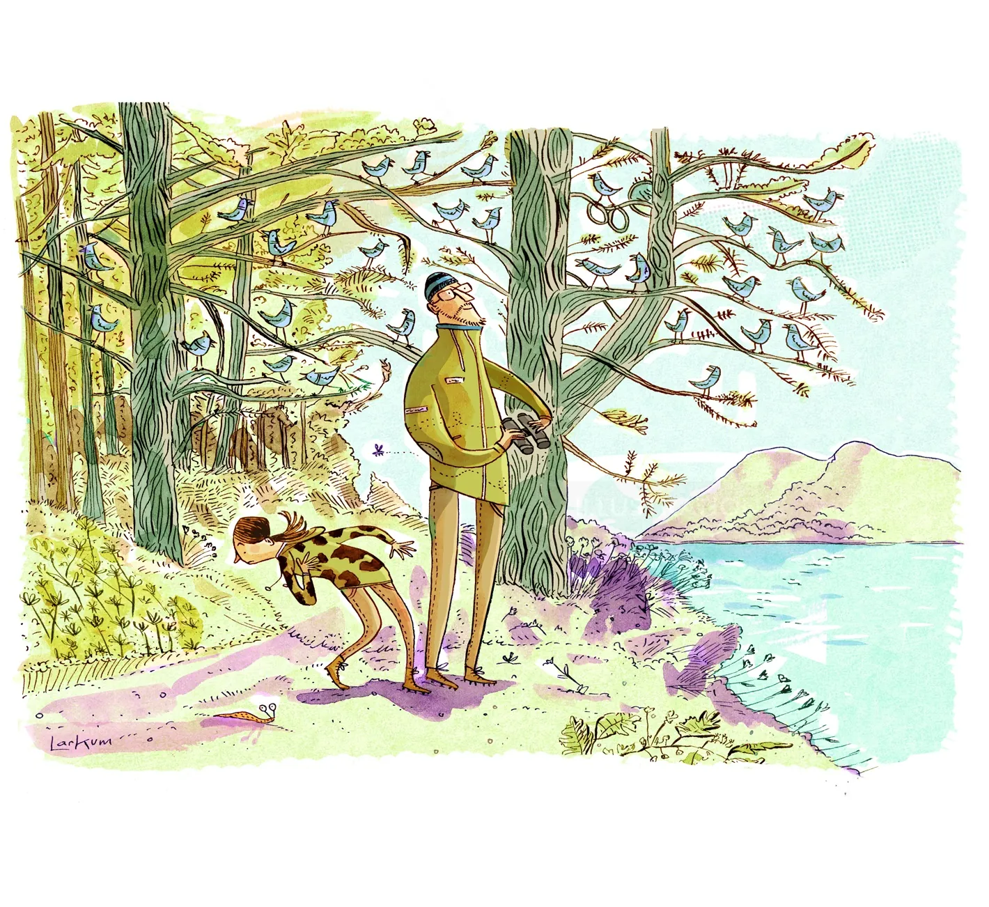 Man and child observing birds by lakeside trees, illustration by Adam Larkum