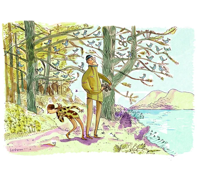 Man and child observing birds by lakeside trees, illustration by Adam Larkum