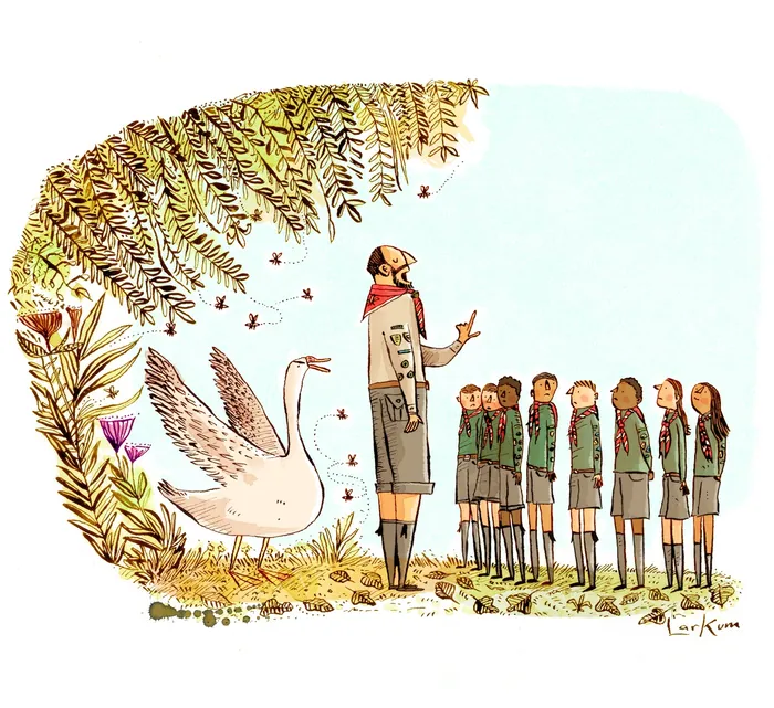 Scout leader addressing girl scouts with a large swan and plants, artwork by Adam Larkum