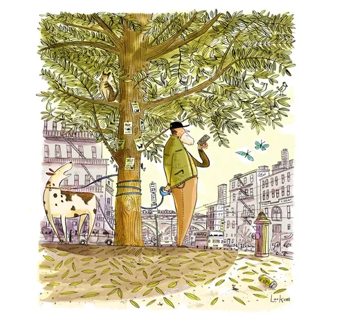 Man smoking pipe under tree with cow and cityscape, illustration by Adam Larkum
