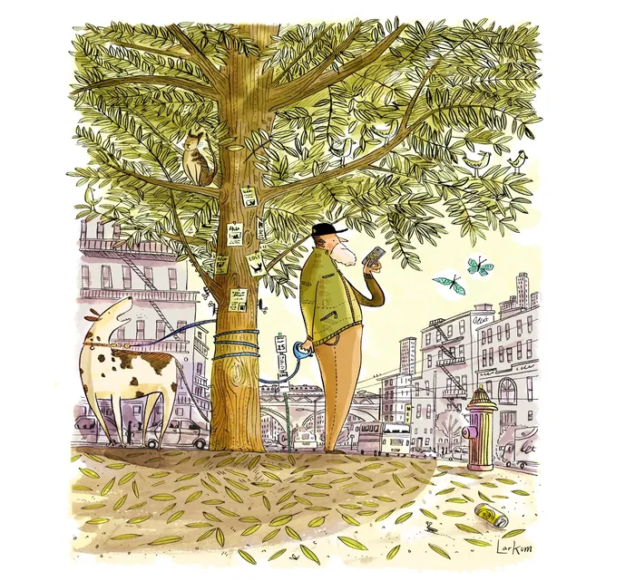 Man smoking pipe under tree with cow and cityscape, illustration by Adam Larkum