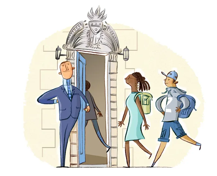 A doorman with blue uniform greets people entering building Adam Larkum